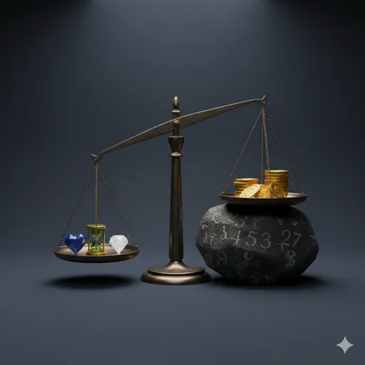 多くの価値あるオブジェクトが置かれている中で、たった一つの金色の石だけが過剰に大きく描かれ、天秤を押し下げている。