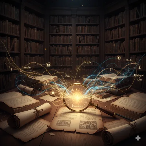 暗がりの図書室で、ルーペを使って古い書物の一行一行に隠された意味を読み解こうとする知的な光景。