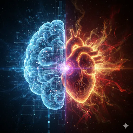 頭脳のネットワークが光るイメージと、温かい光が胸の奥に灯るイメージの対比。