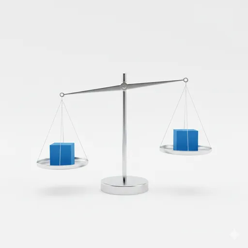 天秤の両皿に、全く同じ形と重さの分銅が乗っている整然としたイメージ。