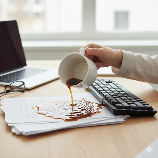 集中力が切れた瞬間に、うっかりコーヒーをこぼしてしまうデスク上の様子。不注意によるミスの瞬間。