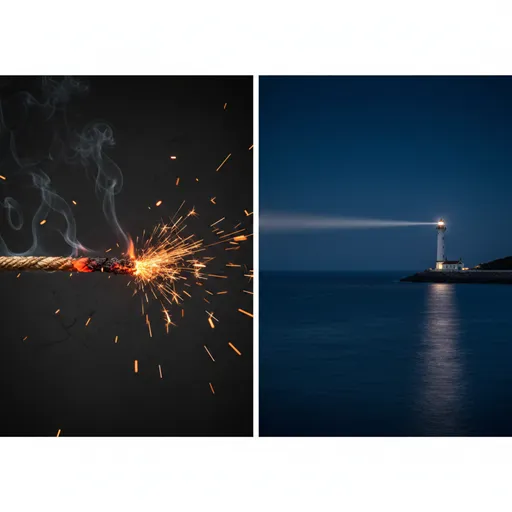 激しく火花を散らす燃える導火線（緊急度）と、静かに遠くを照らす灯台の光（重要度）の対比。