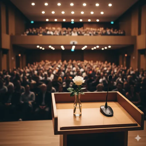 華やかな特別講演の壇上で、聴衆を前に語りかける知的な専門家のシルエット。
