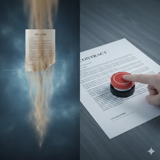 砂で作られた契約書が崩れ落ちている様子（無効）と、完成した書類にリセットボタンが置かれている様子（取消）の対比。