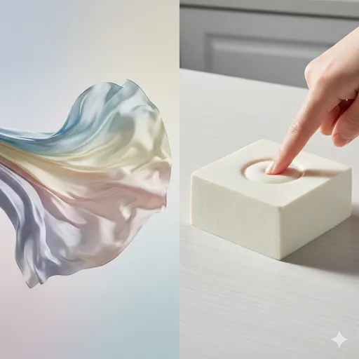 風に舞うシルクの布（柔らかい）と、指先で簡単に形が変わる粘土や豆腐（軟らかい）を対比させたビジュアル。