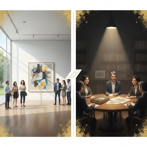 美術館の華やかな展示風景（入選）と、審査員が熱心に議論している机の上の優れた一作品（佳作）を対比させたイメージ。