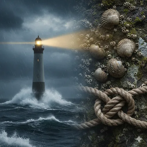 荒波の中で真っ直ぐに立つ灯台の光と、岩場に固く根を張って動かない貝の対比。