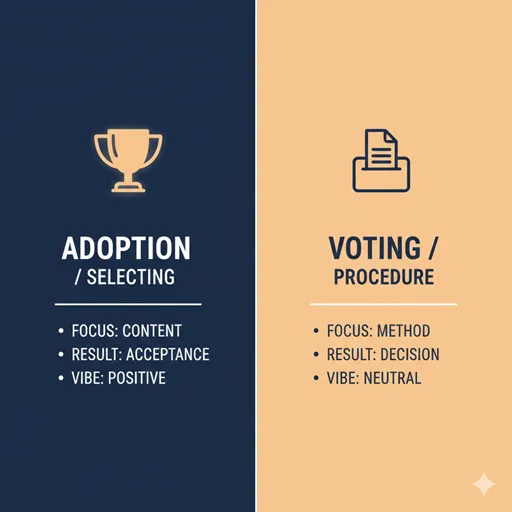 採択（ADOPTION / SELECTING）と採決（VOTING / PROCEDURE）を、焦点（FOCUS）と結果（RESULT）の軸で比較した英語のインフォグラフィック。