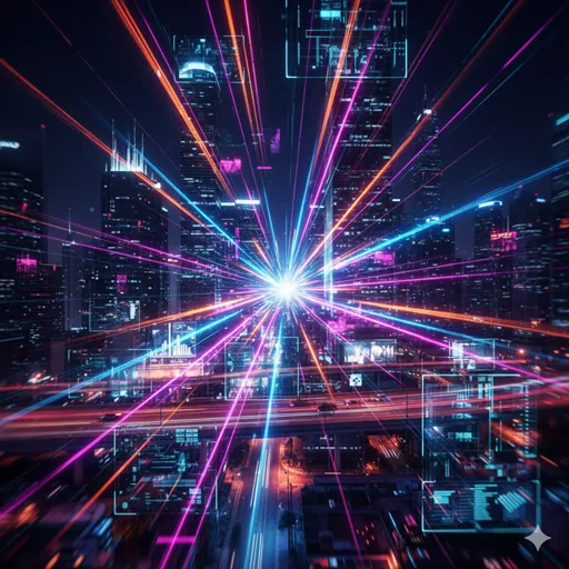 暗い夜空を貫く強力なサーチライトの光や、一斉に放たれる鮮やかな花火のイメージ。