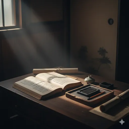 古い書物と筆、そして一筋の強い光。伝統と道理、義務の重みを感じさせる静物。