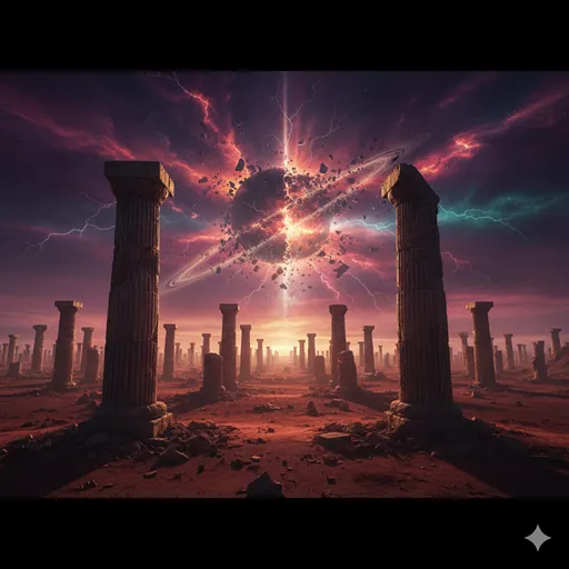 巨大な惑星が地平線に沈み、空の色が劇的に変化した、文明の最後を予感させる圧倒的な景観。