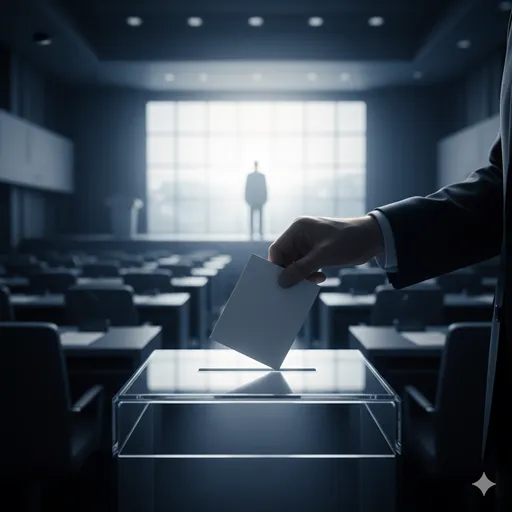 投票箱に一票を投じる手と、壇上で任命を受ける人物のシルエット。役割を託す瞬間の決断。