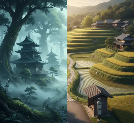 古代の宮殿の想像図と、現在ののどかな棚田の風景を左右に並べ、時の流れを感じさせるイメージ。