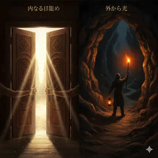 自ら扉を開けて光の中へ進む人物と、高い場所から松明で道を照らす人物の対比。