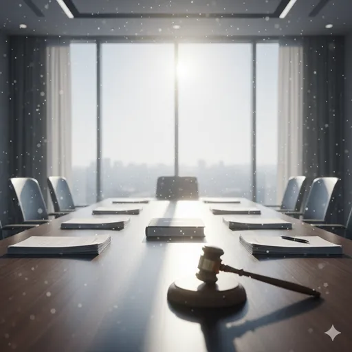 議論が終わり、朝日が差し込む会議室のテーブルに置かれたガベル（裁判槌）と、承認された書類。