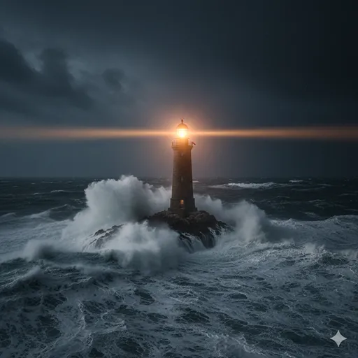 荒れ狂う夜の海を、一点の曇りもない強い光で照らし、進むべき道を示す灯台。