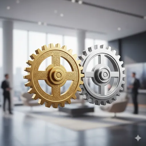 二つの精巧な歯車が噛み合い、滑らかに大きな機械を動かしている様子。