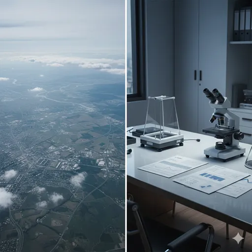 高い空から街の全景を見渡す視点と、実験室で冷静にデータを分析する視点を対比させたイメージ。
