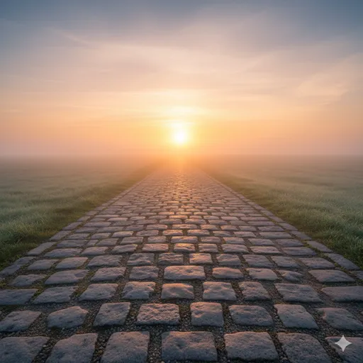 霧が晴れた地平線の向こうに続く、強固に築かれた石造りの道。