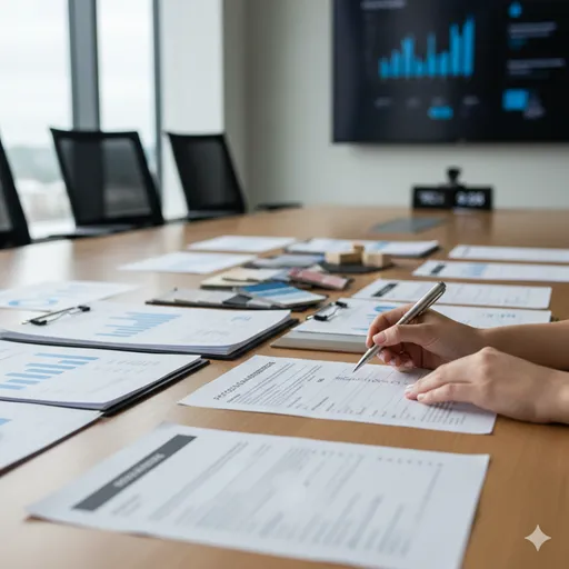 テーブルの上に広げられた複数の資料やサンプルの横で、チェックリストを確認するビジネスパーソンの手元。