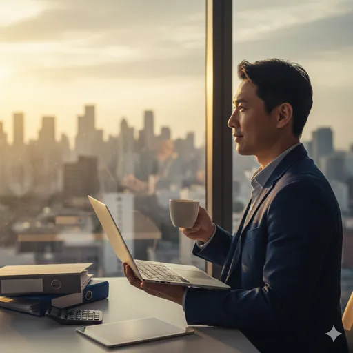 自分の事業の数字をしっかりと把握し、満足げな表情で窓の外を眺める若手起業家。