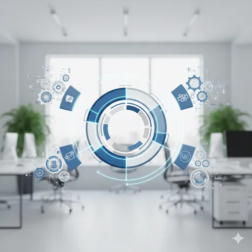 大きなパズルの一部が切り離され、外部の専門的なチームがそのピースを完成させようとしている、業務委託の概念図。