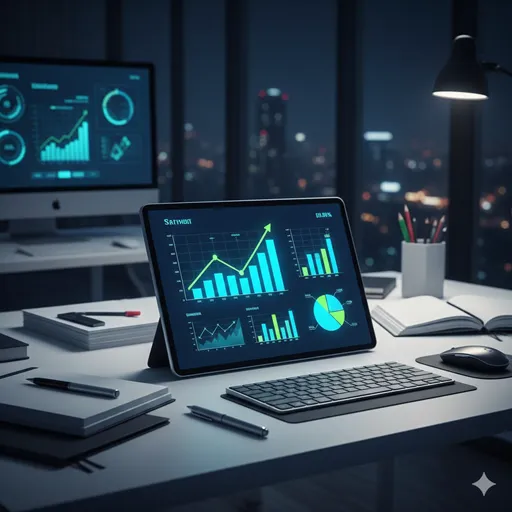 明るいオフィスで、タブレットに表示された鮮やかな上昇グラフと、それを見つめるビジネスパーソンの手元。