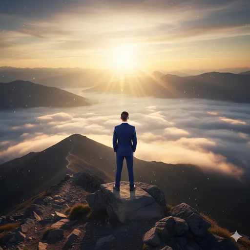 山の頂に立ち、自分が歩んできた道（実績）と、手にした地図（業績）、そして遠くで輝く太陽（功績）を見つめる人物の背中。