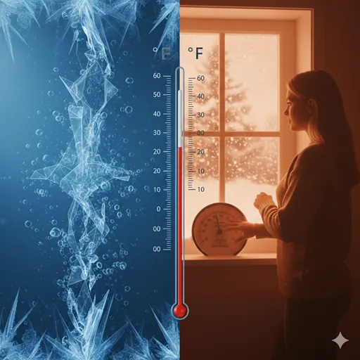 凍りゆく水の結晶と、暖かそうな部屋で温度計を見る人のシルエットを対比させた、二つの温度体系のイメージ。