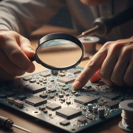 設計図やコードをルーペで細かく確認し、一つひとつの要素に不備がないかチェックしている様子。