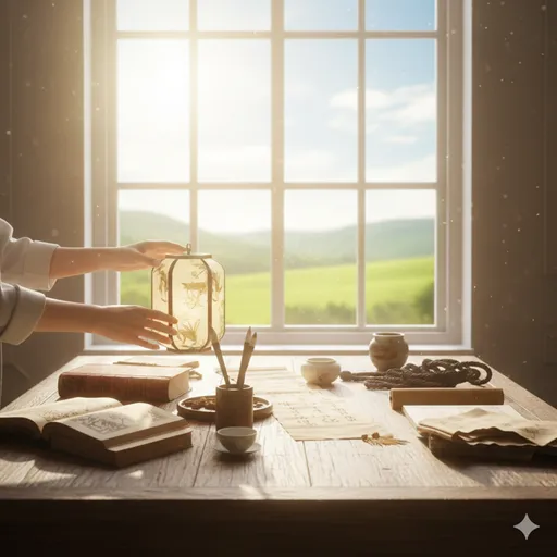 古い本を整理しながら、新しい光が差し込む窓辺で未来を見つめる人物。