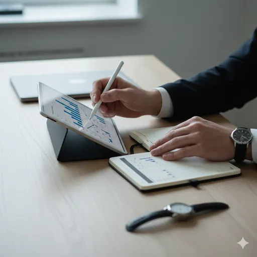 時系列を整理するためのタイムラインや、状況を客観的に観察するビジネスパーソンの手元。