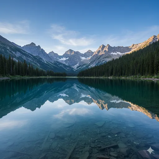 澄み渡った空の下、穏やかな海面にすべてが鮮明に映し出されている、明晰さと真実を象徴する風景。