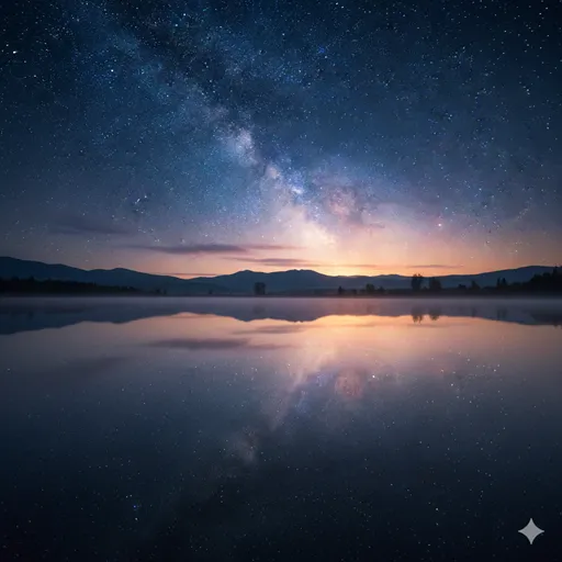 夜明け前の静かな湖面が鏡のように周囲を映し出し、心の中が完全に整理された安堵感。