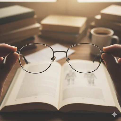 ぼやけた背景から、眼鏡のレンズ越しに見た景色だけが鮮明にピントが合って見える、知的でクリアな視界。