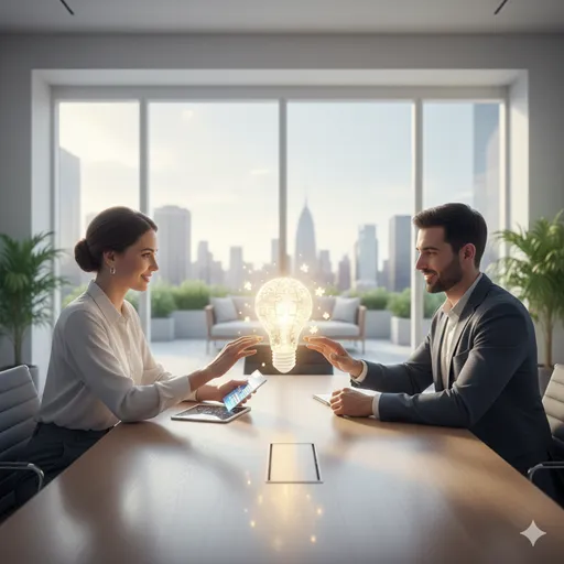 二人の人物が対等な立場で向かい合い、一つのパズルを一緒に完成させようとしている様子。