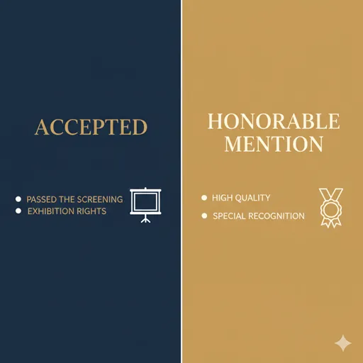 入選（ACCEPTED）と佳作（HONORABLE MENTION）を、地位（STATUS）と評価点（CRITERIA）で比較した英語のインフォグラフィック。