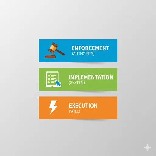 施行（ENFORCEMENT）、実施（IMPLEMENTATION）、実行（EXECUTION）を、層（LAYER）と主体（AGENT）で対比させた英語のインフォグラフィック。