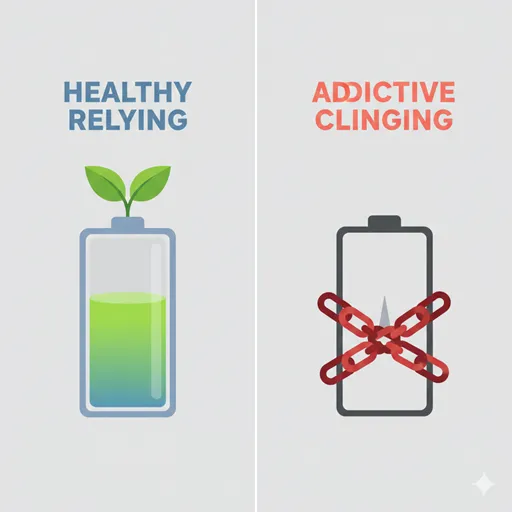 甘え（HEALTHY RELYING）と依存（ADDICTIVE CLINGING）を、主体性（SUBJECTIVITY）と目的（PURPOSE）で対比させた英語のインフォグラフィック。