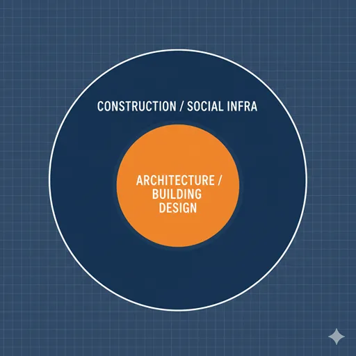建築（ARCHITECTURE / HOUSE & ART）が建設（CONSTRUCTION / INFRASTRUCTURE & SOCIETY）という大きな枠組みの中に含まれていることを示す英語のインフォグラフィック。
