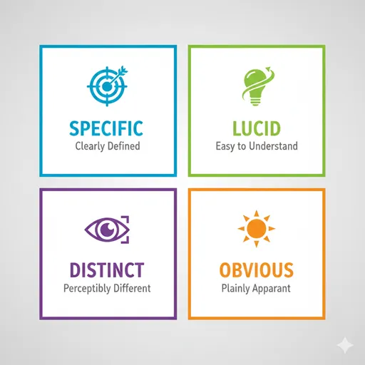 SPECIFIC (明確), LUCID (明快), DISTINCT (明瞭), OBVIOUS (明白) の4象限をアイコンで比較した英語の図解。