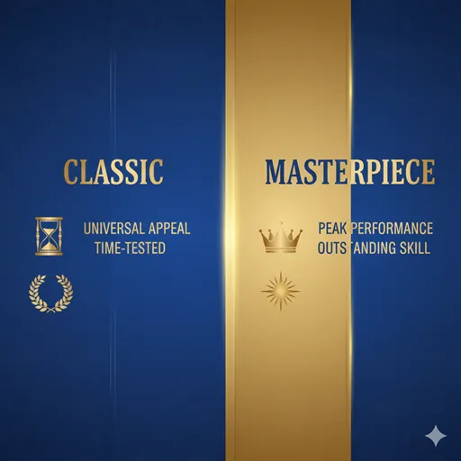 名作（CLASSIC）と傑作（MASTERPIECE）を、時間（TIME）と品質（QUALITY）の軸で比較した英語のインフォグラフィック。