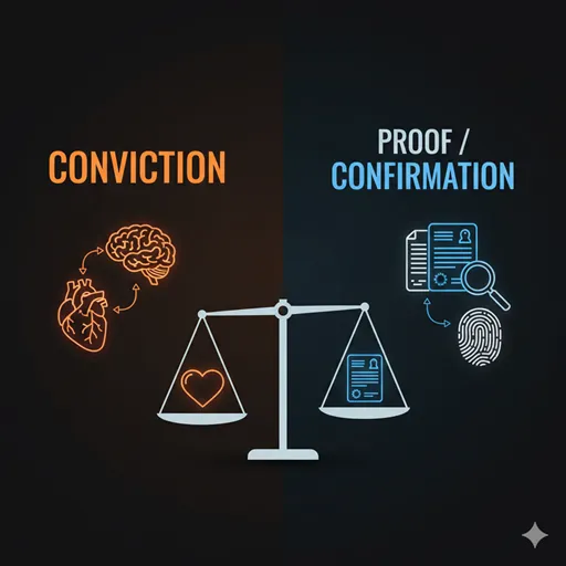CONVICTION (Inner / Emotional / Belief) と PROOF (Outer / Logical / Evidence) を対比した英語のインフォグラフィック。