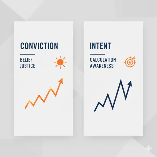 確信犯（CONVICTION）と故意犯（INTENT）を、動機（MOTIVE）と罪悪感（GUILT）で対比させた英語のインフォグラフィック。