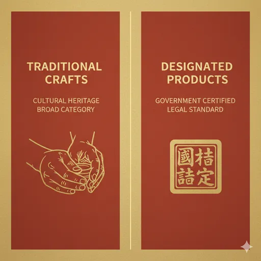 伝統工芸（TRADITIONAL CRAFTS）と伝統的工芸品（DESIGNATED PRODUCTS）を、定義（DEFINITION）と認証（CERTIFICATION）で対比させた英語のインフォグラフィック。