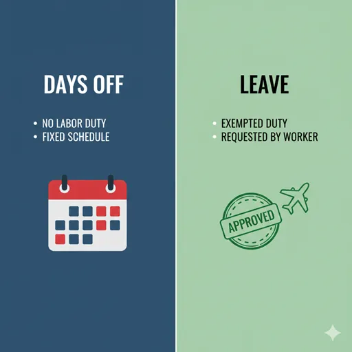休日（DAYS OFF）と休暇（LEAVE）を、義務（OBLIGATION）と申請（APPLICATION）の観点で対比させた英語のインフォグラフィック。