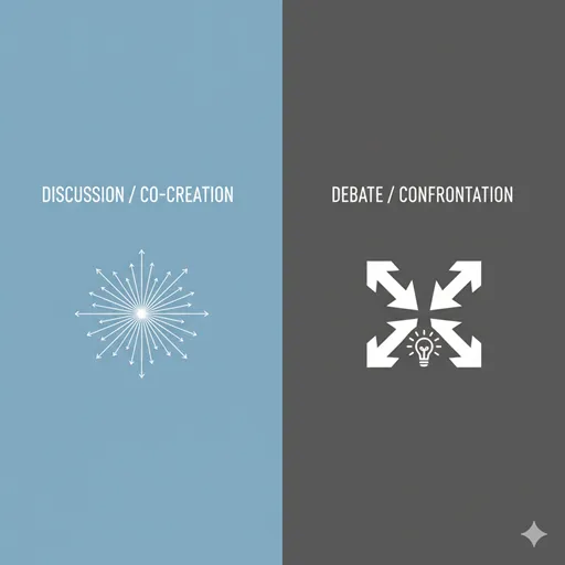 議論（DISCUSSION / SYNTHESIS）と討論（DEBATE / LOGIC）を、ベクトル方向の違いで示した英語のインフォグラフィック。