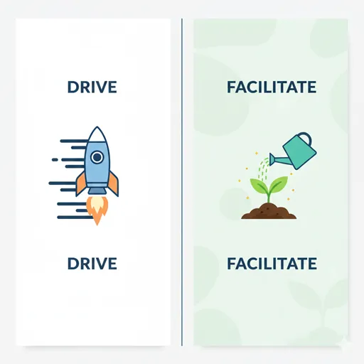 DRIVE（推進）と FACILITATE（促進）を、ロケットのエンジンとじょうろのアイコンで対比させた英語のインフォグラフィック。