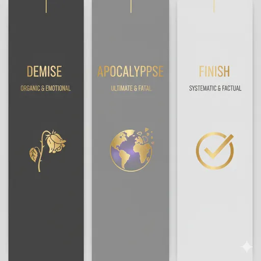 終焉（DEMISE）、終末（APOCALYPSE）、終了（FINISH）を、性質（NATURE）と影響（IMPACT）で比較した英語のインフォグラフィック。