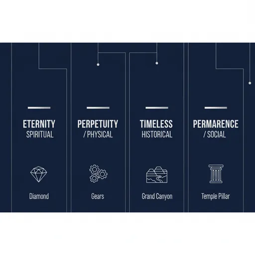 永遠（ETERNITY）、永久（PERPETUITY）、悠久（TIMELESS）、恒久（PERMANENCE）を、領域（DOMAIN）と性質（NATURE）で整理した英語のインフォグラフィック。